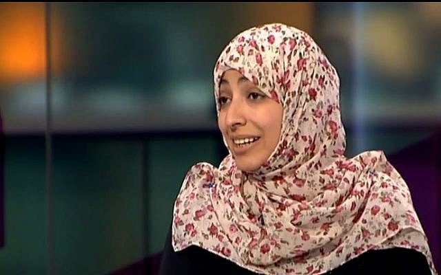 Yemen's Nobel Peace Prize winner Tawakkul Karman December 15, 2011. (screen capture: Youtube/Channel4News) Yemen's Nobel Peace Prize winner Tawakkul Karman December 15, 2011. (screen capture: Youtube/Channel4News)