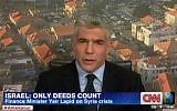 Yair Lapid speaks to CNN, Tuesday (photo credit: screen capture/CNN)