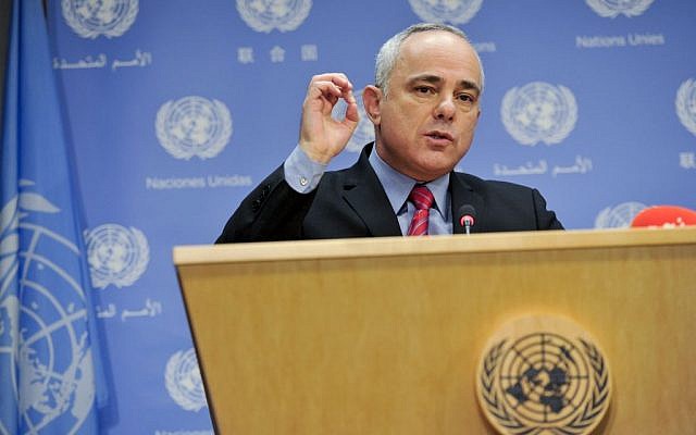 Yuval Steinitz at a press conference at the UN, September 24, 2013. (photo credit: UN Photo by Amanda Voisard) Yuval Steinitz at a press conference at the UN, September 24, 2013. (photo credit: UN Photo by Amanda Voisard)