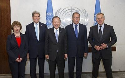 UN Secretary-General Ban Ki-moon meets with the members of the Middle East Diplomatic Quartet (from left): Catherine Ashton, European Union High Representative for Foreign Affairs and Security Policy; US Secretary of State John Kerry Sergey Lavrov, Minister for Foreign Affairs of the Russian Federation; and Tony Blair, Special Envoy of the Quartet, September 27, 2013. (Photo credit: UN Photo by Eskinder Debebe) UN Secretary-General Ban Ki-moon meets with the members of the Middle East Diplomatic Quartet (from left): Catherine Ashton, European Union High Representative for Foreign Affairs and Security Policy; US Secretary of State John Kerry Sergey Lavrov, Minister for Foreign Affairs of the Russian Federation; and Tony Blair, Special Envoy of the Quartet, September 27, 2013. (Photo credit: UN Photo by Eskinder Debebe)
