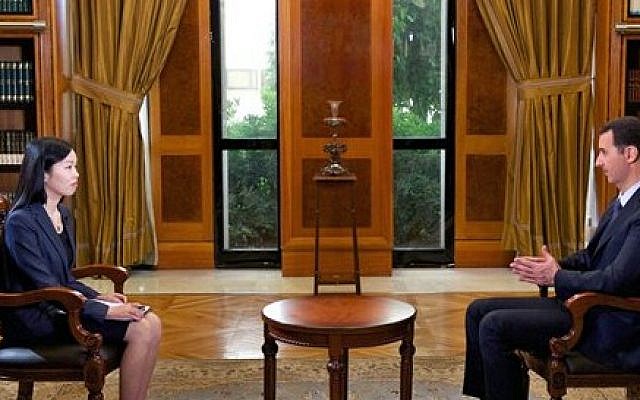 Bashar Assad speaks to China's CCTV in Damascus, September 23, 2013. (photo credit: AP Photo/SANA) Bashar Assad speaks to China's CCTV in Damascus, September 23, 2013. (photo credit: AP Photo/SANA)