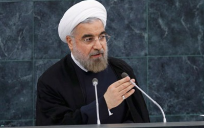 Iranian President Hasan Rouhani speaks at the UN General Assembly in New York, on Tuesday, September 24 (photo credit: @nycjim via Twitter)