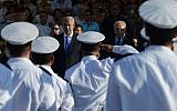 Prime Minister Benjamin Netanyahu (left) and president Shimon Peres attend a graduation course ceremony for IDF Naval officers at the navy training base in Haifa. September 11, 2013. (Kobi Gideon/GPO/FLASH90