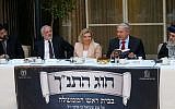 Prime Minister Benjamin Netanyahu and his wife Sara Netanyahu seen with Ashkenazi Chief Rabbi David Lau (far left) and Sephardi Chief Rabbi Yitzhak Yosef (right) at the "Bible Study Club" held at the PM's official Jerusalem residence on September 17, 2013. (Photo credit: Marc Israel Sellem/POOL/Flash90)