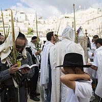 An ultra-Orthodox police officer spread his prayer shawl over his head as he takes part in a mass prayer in front of the Western Wall in Jerusalem, Judaism's holiest site, during the priestly blessing, Sunday, September 22, 2013 (photo credit: Yonatan Sindel/Flash90)