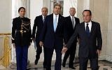 U.S. Secretary of State John Kerry, center, walks with French President Francois Hollande, right, French Foreign Minister Laurent Fabius, second left, and British Foreign Secretary William Hague, second right, before a meeting regarding Syria, at the Elysee presidential palace in Paris, Monday, Sept. 16, 2013 (photo credit: AP/Larry Downing)