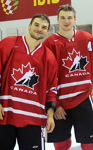 Zach Hyman (right) and his brother Spencer Hyman played for Canada at the 19th Maccabiah Games. (photo credit: Vitaly Cooperman/Rishon Devils Hockey Club) Zach Hyman (right) and his brother Spencer Hyman played for Canada at the 19th Maccabiah Games. (photo credit: Vitaly Cooperman/Rishon Devils Hockey Club)