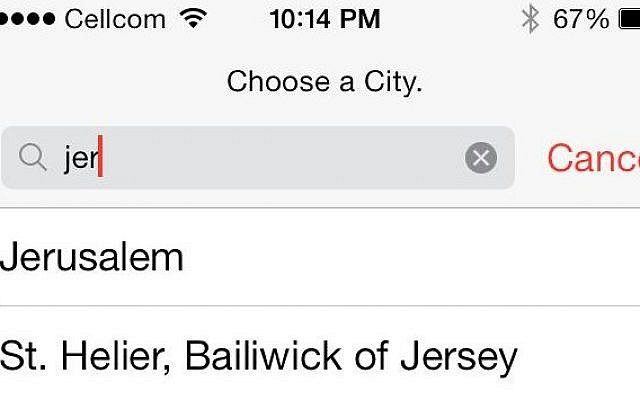 The world clock on the new Apple iOS 7 operating system showing Jerusalem as a stateless city (photo credit: screenshot) The world clock on the new Apple iOS 7 operating system showing Jerusalem as a stateless city (photo credit: screenshot)