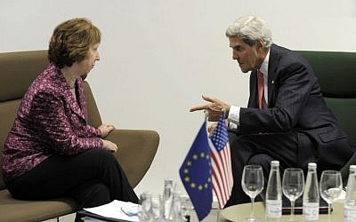 US Secretary of State John Kerry meets with European Union High Representative Catherine Ashton before the Meeting of EU Ministers of Foreign Affairs at the National Gallery of Art in Vilnius, Lithuania, Saturday, Sept. 7, 2013. (photo credit: AP/Susan Walsh)