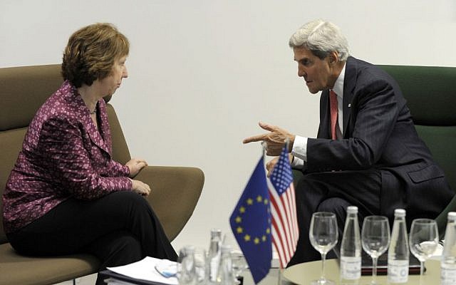 US Secretary of State John Kerry meets with European Union High Representative Catherine Ashton before the Meeting of EU Ministers of Foreign Affairs at the National Gallery of Art in Vilnius, Lithuania, Saturday, Sept. 7, 2013. (photo credit: AP/Susan Walsh) US Secretary of State John Kerry meets with European Union High Representative Catherine Ashton before the Meeting of EU Ministers of Foreign Affairs at the National Gallery of Art in Vilnius, Lithuania, Saturday, Sept. 7, 2013. (photo credit: AP/Susan Walsh)