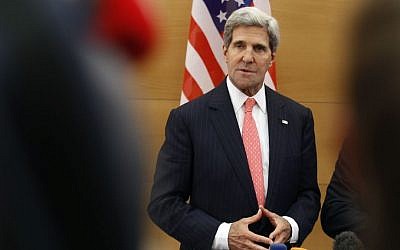 United States Secretary of State John Kerry speaks to reporters in the Ministry of Foreign Afairs palace in Vilnius, Lithuania, Saturday, September 7, 2013 (photo credit: AP/Mindaugas Kulbis)