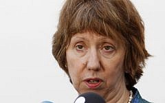 European foreign policy chief Catherine Ashton talks with journalists as she arrives for an informal meeting of EU Ministers for Foreign Affairs at the National Museum – Palace of the Grand Dukes of Lithuania in Vilnius, Lithuania, Friday, Sept. 6, 2013. (AP Photo/Mindaugas Kulbis)
