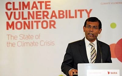 Then-Maldives president Mohamed Nasheed speaking at a climate change conference in 2010. (photo credit: CC BY Camadrilena/Wikipedia)
