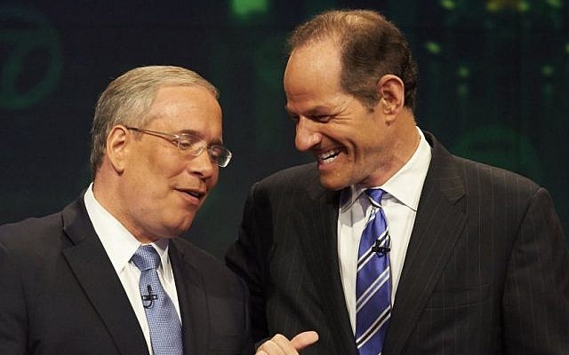 Manhattan borough president Scott Stringer, left, and former New York Gov. Eliot Spitzer. (photo credit: AP Photo/New York Daily News, James Keivom, Pool, File) Manhattan borough president Scott Stringer, left, and former New York Gov. Eliot Spitzer. (photo credit: AP Photo/New York Daily News, James Keivom, Pool, File)