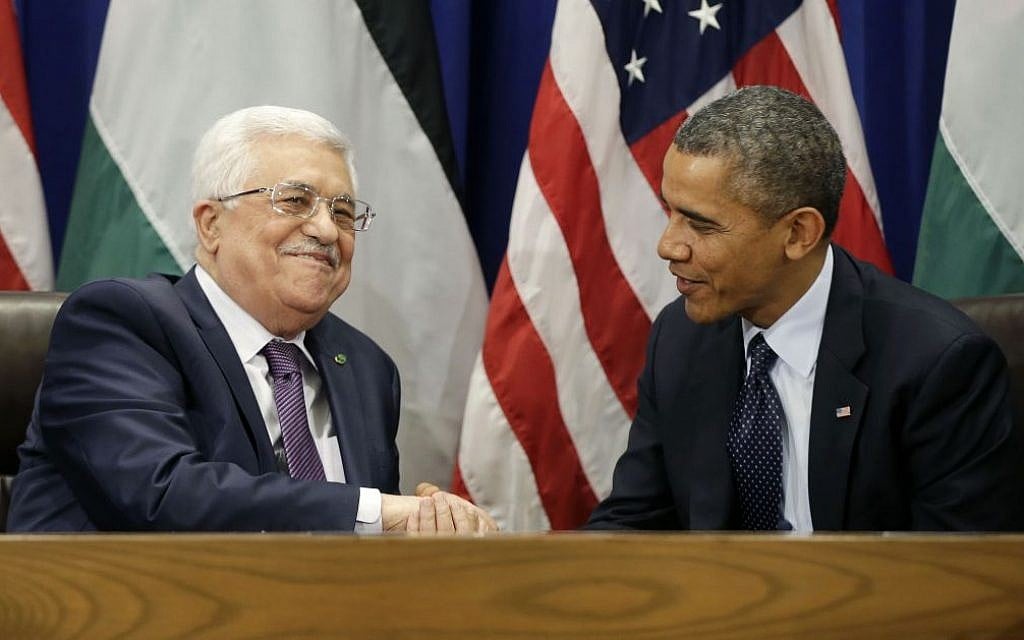 US President Barack Obama (right) greets Palestinian Authority President Mahmoud Abbas during their bilateral meeting at UN headquarters, September 24, 2013. (AP/Pablo Martinez Monsivais)