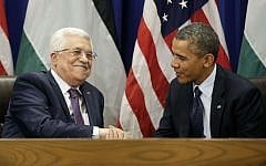 US President Barack Obama (right) greets Palestinian Authority President Mahmoud Abbas during their bilateral meeting at UN headquarters, September 24, 2013. (AP/Pablo Martinez Monsivais)