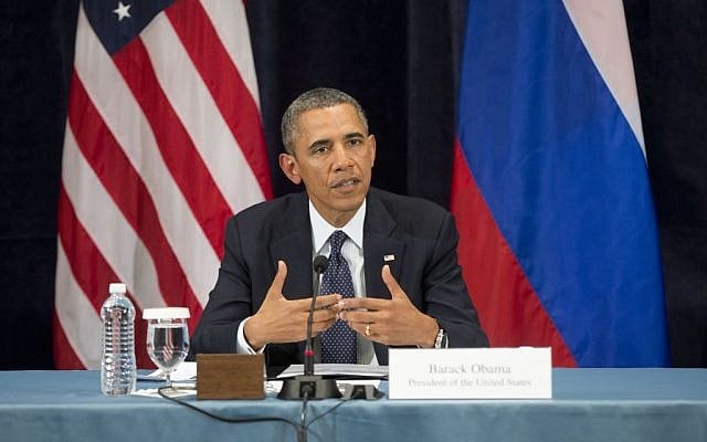 US President Barack Obama gestures while speaking in St. Petersburg, Russia, Friday, September 6, 2013 (photo credit: AP/Pablo Martinez Monsivais)