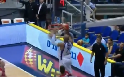 Illustrative photo of Alex Tyus rocking the rim in Israel's qualifying match for EuroBasket 2013 (photo credit: screen capture michagant/Youtube)