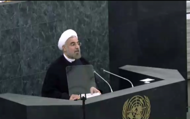 Iranian President Hasan Rouhani speaks to the UN General Assembly on September 24, 2013. (screen capture: UN live stream) Iranian President Hasan Rouhani speaks to the UN General Assembly on September 24, 2013. (screen capture: UN live stream)