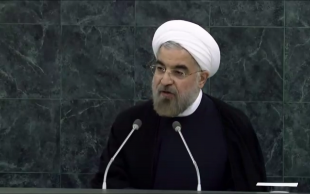 Iran's President Hasan Rouhani speaks to the UN General Assembly, September 24 (photo credit: UN screenshot) Iran's President Hasan Rouhani speaks to the UN General Assembly, September 24 (photo credit: UN screenshot)