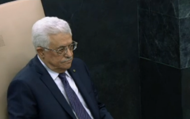 PA President Mahmoud Abbas sits in the heads-of-state seat before his September 26, 2013, address to the UN General Assembly. (photo credit: UN screenshot) PA President Mahmoud Abbas sits in the heads-of-state seat before his September 26, 2013, address to the UN General Assembly. (photo credit: UN screenshot)