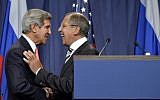 US Secretary of State John Kerry, left, shakes hands with Russian Foreign Minister Sergey Lavrov at a news conference in Geneva, Switzerland, last September (photo credit: AP/Keystone/Martial Trezzini)