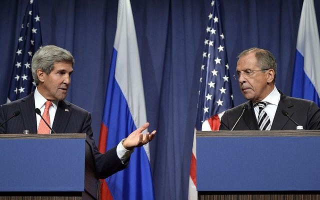 US Secretary of State John Kerry, left, and Russian Foreign Minister Sergey Lavrov, deliver statements on the situation in Syria, from Geneva, Switzerland, Sept. 14, 2013 (photo credit: AP/Keystone/Martial Trezzini) US Secretary of State John Kerry, left, and Russian Foreign Minister Sergey Lavrov, deliver statements on the situation in Syria, from Geneva, Switzerland, Sept. 14, 2013 (photo credit: AP/Keystone/Martial Trezzini)