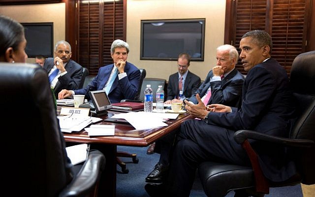 President Barack Obama meets with his national security staff to discuss the situation in Syria, in the Situation Room of the White House, August 30, 2013 (photo credit: AP/Pete Souza) President Barack Obama meets with his national security staff to discuss the situation in Syria, in the Situation Room of the White House, August 30, 2013 (photo credit: AP/Pete Souza)