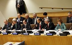 Members of the Ad Hoc Liasion Committee meet at UN headquarters in New York, on Wednesday (photo credit: AP/David Karp)
