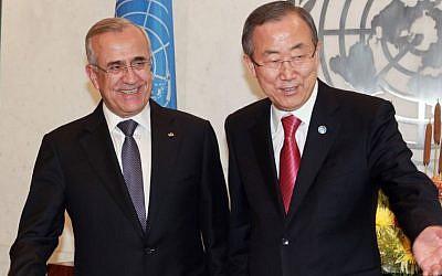 UN Secretary-General Ban Ki-moon, right, meets with Lebanese President Michel Suleiman at UN headquarters in New York, September 25, 2013 (photo credit: AP/David Karp)