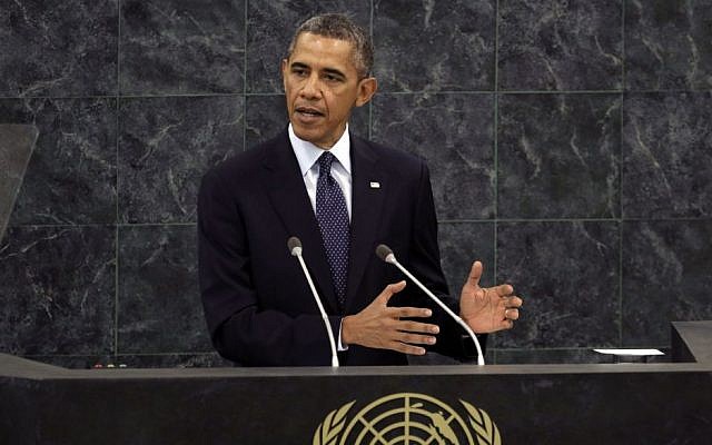US President Barack Obama addresses the 68th session of the United Nations General Assembly, Tuesday, Sept. 24, 2013. (photo credit: AP Photo/Richard Drew) US President Barack Obama addresses the 68th session of the United Nations General Assembly, Tuesday, Sept. 24, 2013. (photo credit: AP Photo/Richard Drew)