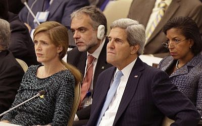 United States Ambassador to the United Nations Samantha Power, left, Secretary of State John Kerry, second from right, and National Advisor Susan Rice, right, listen while US President Barack Obama speaks during the 68th session of the General Assembly at United Nations headquarters. (photo credit: AP/Seth Wenig)