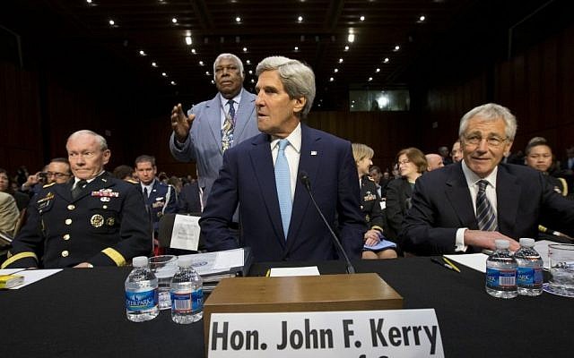 From left to right: Chairman of the Joint Chiefs of Staff Martin Dempsey, US Secretary of State John Kerry and Defense Secretary Chuck Hagel answer questions at a Senate Foreign Relations Committee hearing on Syria in Washington, DC (photo credit: AP/Jacquelyn Martin) From left to right: Chairman of the Joint Chiefs of Staff Martin Dempsey, US Secretary of State John Kerry and Defense Secretary Chuck Hagel answer questions at a Senate Foreign Relations Committee hearing on Syria in Washington, DC (photo credit: AP/Jacquelyn Martin)