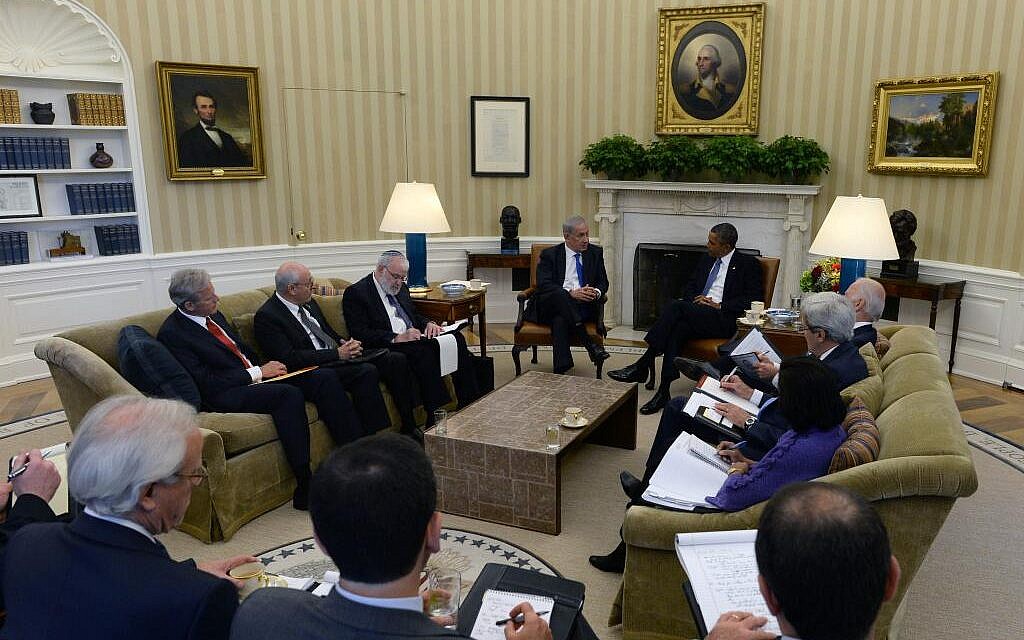 Benjamin Netanyahu and Barack Obama meeting with other officials at the White House Monday. (photo credit: Israeli Embassy in US via Twitter)