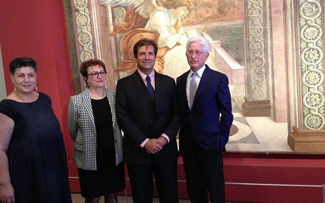 Israel Museum Curator Shlomit Steinberg, Italy-Israel Foundation for Culture director Simonetta Della Seta, Italian ambassador Francesco Maria Talo and Israel Museum director James Snyder in front of Sandro Botticelli's 'Annunciation' (photo credit: Jessica Steinberg/Times of Israel) Israel Museum Curator Shlomit Steinberg, Italy-Israel Foundation for Culture director Simonetta Della Seta, Italian ambassador Francesco Maria Talo and Israel Museum director James Snyder in front of Sandro Botticelli's 'Annunciation' (photo credit: Jessica Steinberg/Times of Israel)
