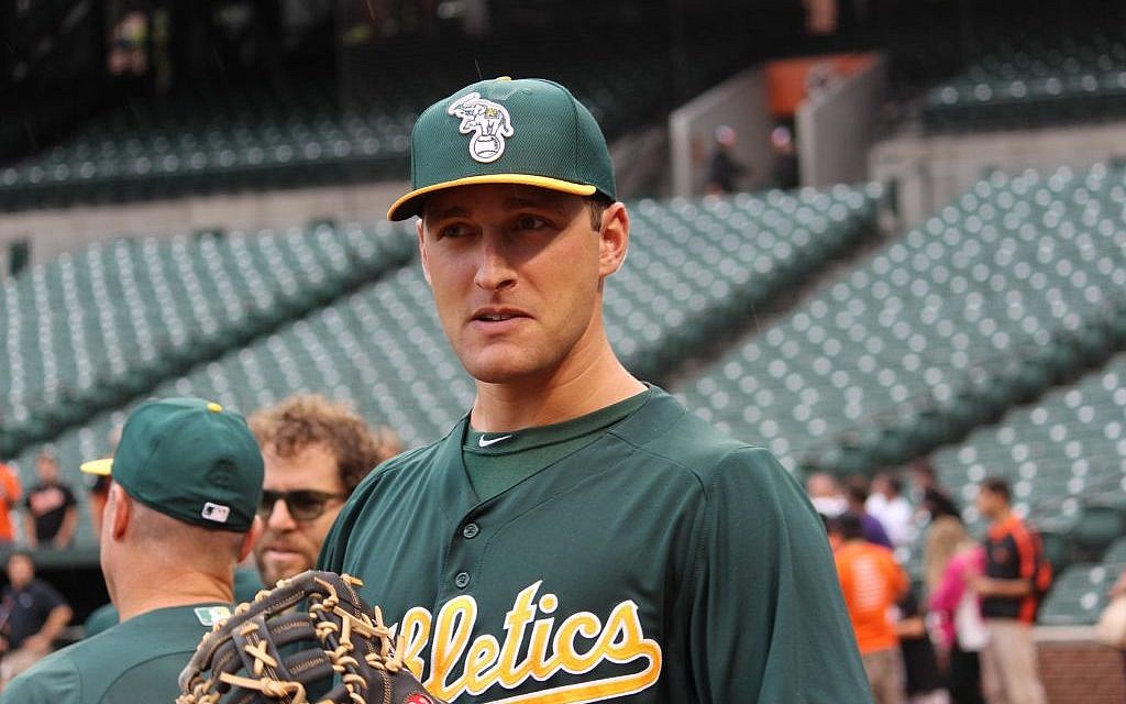 Nate Freiman, a rookie first baseman for the Oakland Athletics, is trying to help his team make the playoffs. (photo credit: Hillel Kuttler/JTA) Nate Freiman, a rookie first baseman for the Oakland Athletics, is trying to help his team make the playoffs. (photo credit: Hillel Kuttler/JTA)