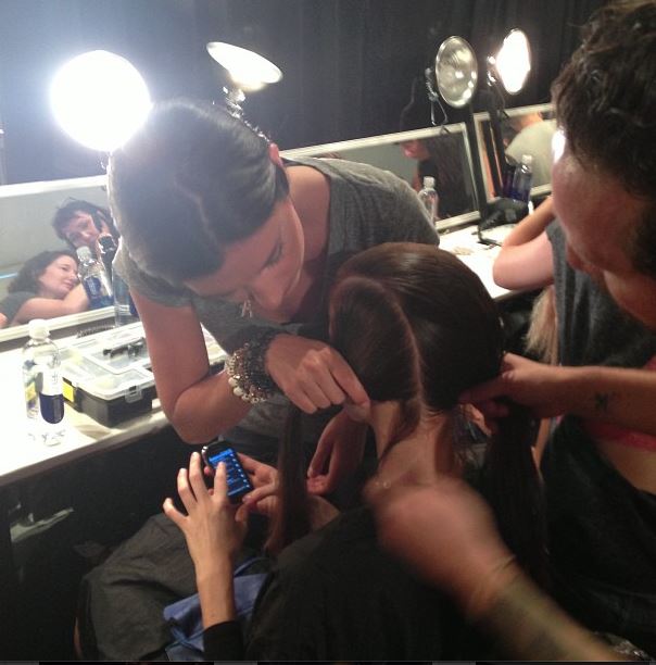 Getting hair and makeup done before Tuesday's Alon Livne runway show (Courtesy Alon Livne Instagram)