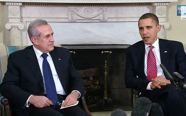 A meeting between US President Obama and Lebanese President Michel Sleiman in 2009. (screen capture: Youtube/infomisa) A meeting between US President Obama and Lebanese President Michel Sleiman in 2009. (screen capture: Youtube/infomisa)
