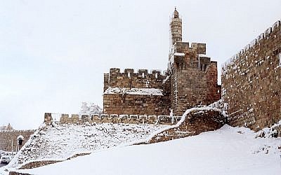 Tower of David in the snow, 1992, the Israeli finalist for the 2012 Wiki Monument competition (photo credit: Zev Rothkoff (Own work) [CC-BY-SA-3.0)