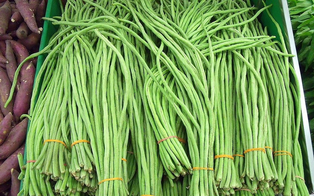 A basket of long beans in a Singapore supermarket (photo credit: David.Kcdtsg at en.wikipedia [Public domain], from Wikimedia Commons)