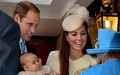 Queen Elizabeth II greets her great-grandson and his parents at the christening. (photo credit: Press Association/Courtesy of The British Monarchy Facebook page)