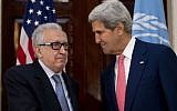US Secretary of State John Kerry, right, meets with UN-Arab League envoy to Syria Lakhdar Brahimi, in London, October 14, 2013 (photo credit: AP/Jacquelyn Martin)