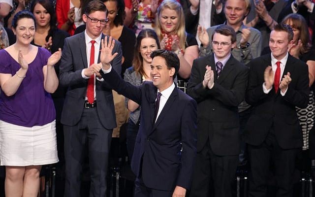 Labour leader Ed Miliband, gestures, as he makes his keynote speech to delegates, during his party's annual conference, Sept. 24, 2013. (photo credit: AP Photo/PA, Gareth Fuller) Labour leader Ed Miliband, gestures, as he makes his keynote speech to delegates, during his party's annual conference, Sept. 24, 2013. (photo credit: AP Photo/PA, Gareth Fuller)