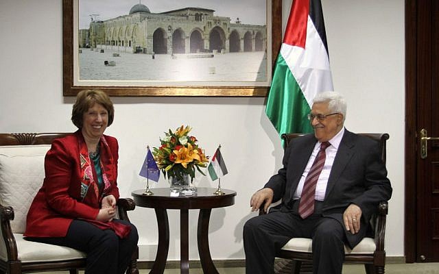 Palestinian Authority President Mahmoud Abbas meets with EU Foreign Policy Chief Catherine Ashton in the West Bank city of Ramallah, June 19, 2013 (photo credit: Issam Rimawi/Flash90) Palestinian Authority President Mahmoud Abbas meets with EU Foreign Policy Chief Catherine Ashton in the West Bank city of Ramallah, June 19, 2013 (photo credit: Issam Rimawi/Flash90)