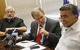 MKs Amram Mitzna, left, Meir Sheetrit, center, and Amir Peretz at a Hatnua meeting in June. (photo credit:  Miriam Alster/Flash90)