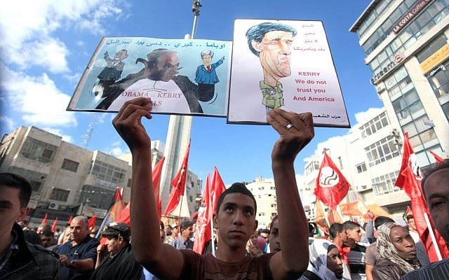 Palestinian rallying against peace talks in Ramallah Sunday. (photo credit: Issam Rimawi/ Flash90)