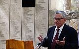 Andrea Bartali, the son of the late Italian champion cyclist Gino Bartali, speaks during a ceremony at the Yad Vashem Holocaust Memorial Museum in Jerusalem on October 10, 2013. (photo credit: Yonatan Sindel/Flash90)