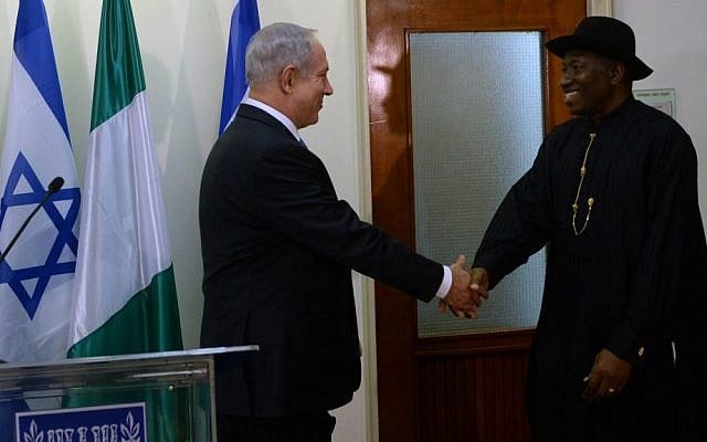 Prime Minister Benjamin Netanyahu, left, meets with Nigerian President Goodluck Jonathan at the Prime Minister's Office in Jerusalem, October 2013 (photo credit: Kobi Gideon/GPO/Flash90) Prime Minister Benjamin Netanyahu, left, meets with Nigerian President Goodluck Jonathan at the Prime Minister's Office in Jerusalem, October 2013 (photo credit: Kobi Gideon/GPO/Flash90)