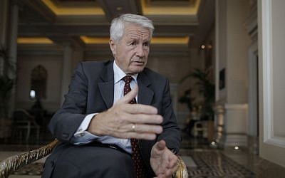 Thorbjoern Jagland, the head of the Council of Europe, speaks to The Associated Press in an interview at the start of his two-day visit to Athens, on Tuesday, Oct. 22, 2013. (photo credit: AP Photo/Petros Giannakouris)