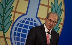 Director-General Ahmet Uzumcu of the Organization for the Prohibition of Chemical Weapons giving an update on the the chemical watchdog's verification and destruction mission in Syria during a press conference in The Hague, Netherlands on Wednesday, October 9, 2013. (photo credit: AP/Peter Dejong)